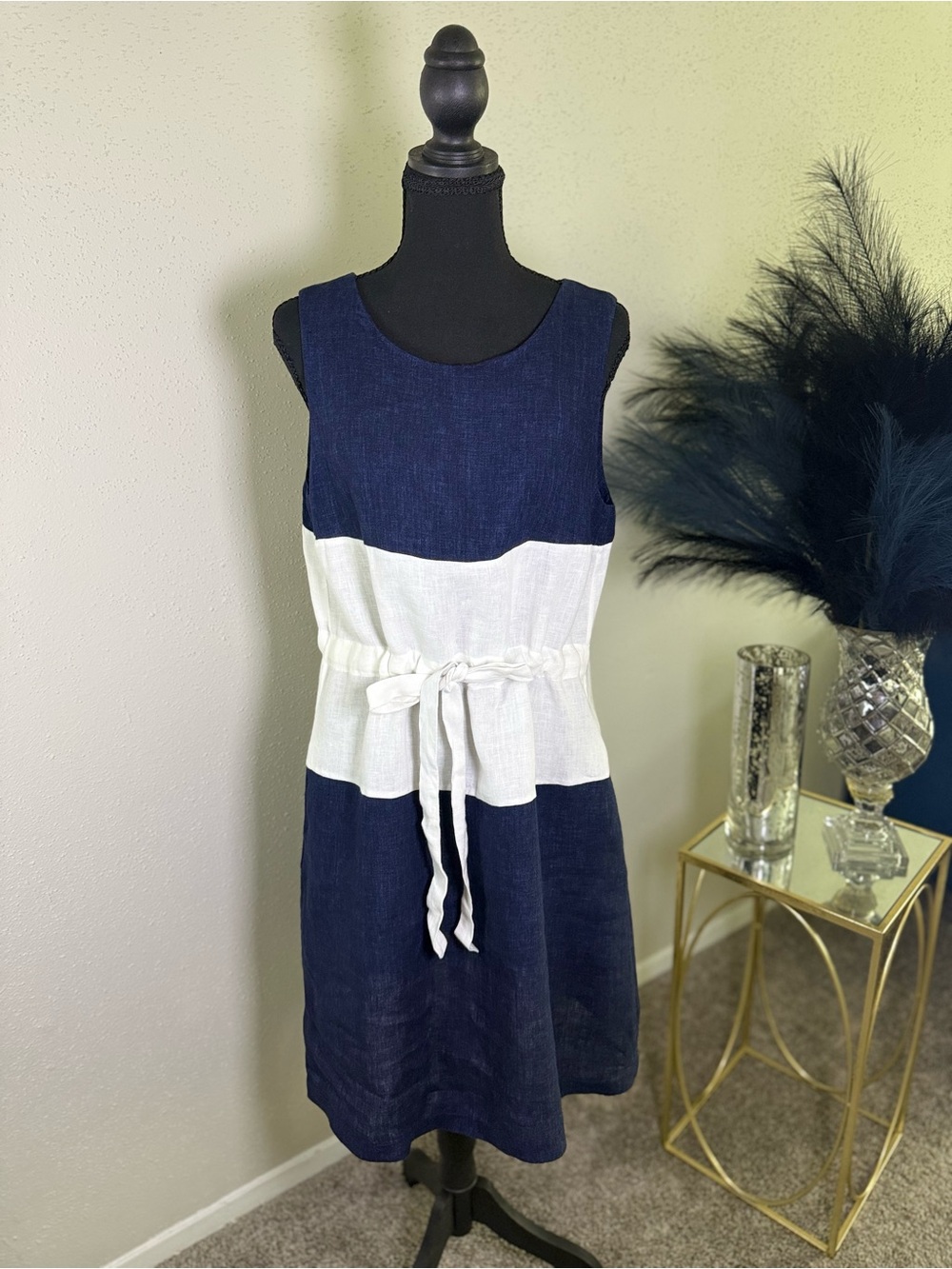 Armani Collezioni 100% Linen Colorblock Drawstring Dress Size 8